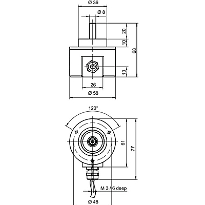 Technical drawing with dimensions for Leuze EI 1058-S08x20C-2500T-020R