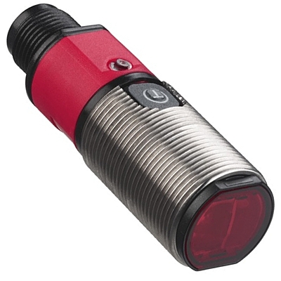 Close‑up of Leuze FT328 sensor with M12 connector and teach‑in button Close‑up of Leuze FT328 sensor with M12 connector and teach‑in button