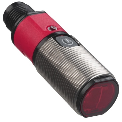 Close‑up of Leuze FT328 sensor with M12 connector and teach‑in button Close‑up of Leuze FT328 sensor with M12 connector and teach‑in button